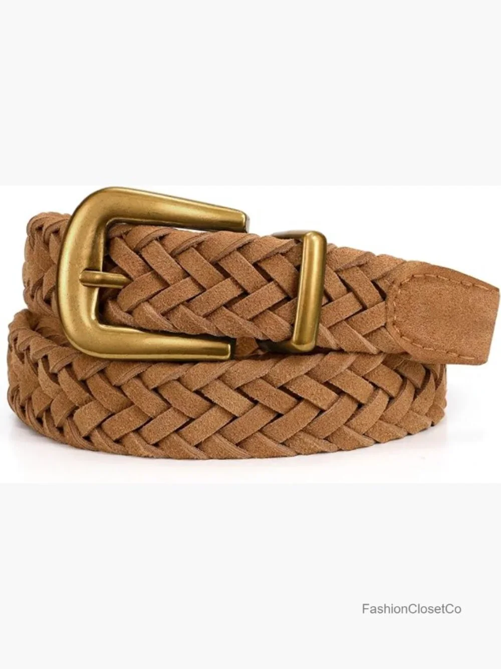 Braided Suede Belt with Matte Gold Buckle for Jeans Pants Dresses